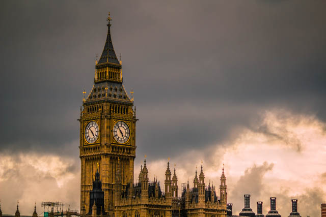 Big Ben amidst a brewing thunderstorm in London, England.