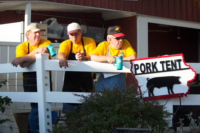 Workers take a break at the Pork Tent at the Iowa State Fair